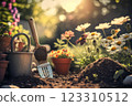 garden background,daisies,plants and tools, from gardening concept, generative ai 123310512