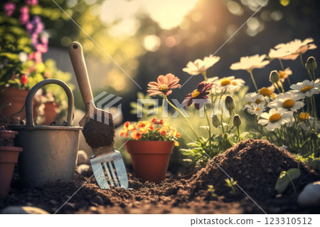 garden background,daisies,plants and tools, from gardening concept, generative ai 123310512