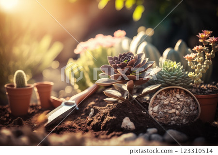 Gardening tools and earthenware pots on an earthen background generative ai Gardening tools and earthenware pots on an earthen background generative ai 123310514