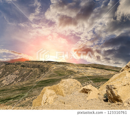 Typical mountain landscape, Jordan, Middle East  (photography from a high point). Against the background of a beautiful sky with clouds 123310761