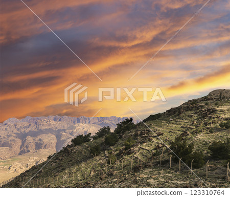 Typical mountain landscape, Jordan, Middle East  (photography from a high point). Against the background of a beautiful sky with clouds 123310764