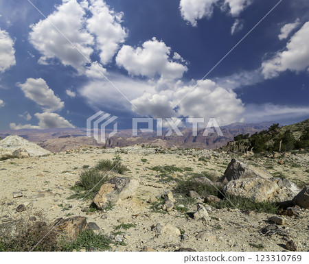 Typical mountain landscape, Jordan, Middle East  (photography from a high point). Against the background of a beautiful sky with clouds 123310769