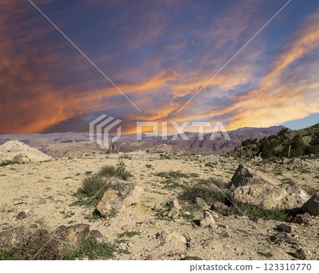 Typical mountain landscape, Jordan, Middle East  (photography from a high point). Against the background of a beautiful sky with clouds 123310770