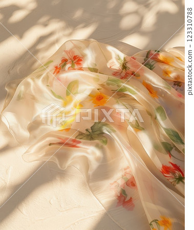Elegant Fabric with Floral Pattern in Soft Natural Light and Shadows 123310788