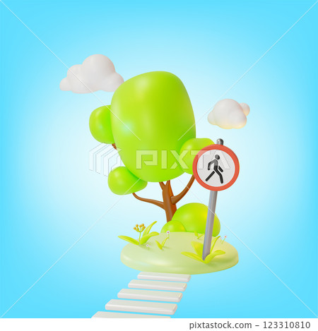 3d Pedestrian Crossing Road Sign on the Ground Cartoon Design Style. Vector illustration of Safety in City Concept 123310810