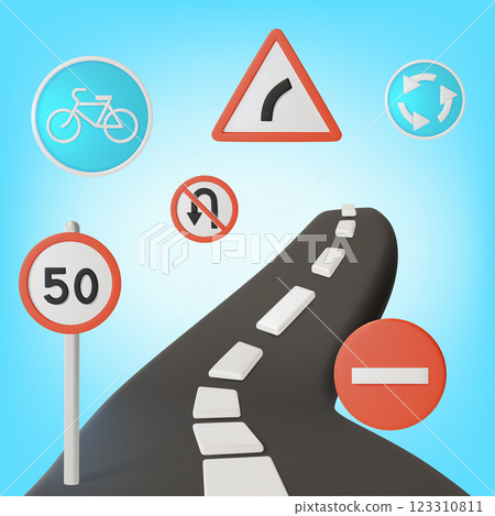 3d Turning Road with Signs Maximum Speed and No Entry Cartoon Design Style Navigation Concept . Vector illustration 123310811