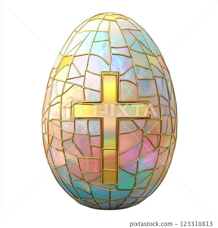 Easter egg with a cross, made of iridescent mother-of-pearl glass mosaic, on a white background. 123310813