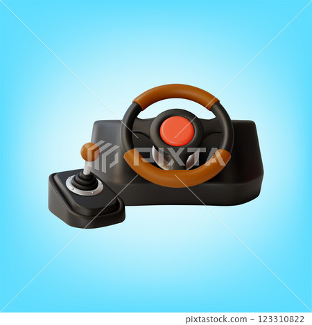 3d Steering Wheel with Gearbox Transmission Lever Cartoon Design Style. Vector illustration 123310822