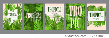 Tropical vibes typography template posters. Vertical covers with summer green leaves, rainforest plants and jungle foliage compositions. Modern banners set in minimalism design. Vector illustration. 123310830