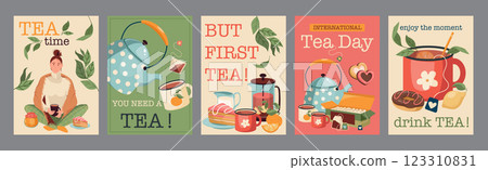 Tea time typography template posters. Vertical covers with woman drink hot beverage, teapots, cups and mugs, sugar, tea bags, desserts. Modern banners set in minimalism design. Vector illustration. 123310831