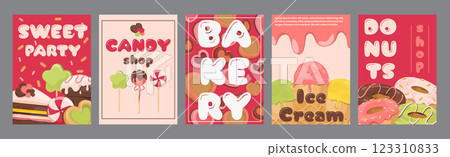 Candy shop typography template posters. Vertical covers with icing cookies, lollipops, sugar cakes, delicious desserts for sweet party. Modern banners set in minimalism design. Vector illustration. Candy shop typography template posters. Vertical covers with icing cookies, lollipops, sugar cakes, delicious desserts for sweet party. Modern banners set in minimalism design. Vector illustration. 123310833