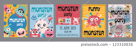 Monster party typography template posters. Vertical covers with colourful comic aliens and cute mascots for kids holiday invitation. Modern banners set in minimalism design. Vector illustration. 123310838