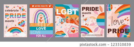 Lgbt typography template posters. Vertical covers with colourful rainbow flags, pride month festival signs, love and freedom rights event. Modern banners set in minimalism design. Vector illustration. 123310839