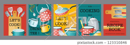 Cook time typography template posters. Vertical covers with kitchen utensil, recipe book, teapot, cutlery, saucepan, frying pan, other. Modern banners set in minimalism design. Vector illustration. 123310846
