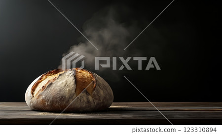 A round bread loaf with a golden crust placed on a wooden table against a dark background. 123310894