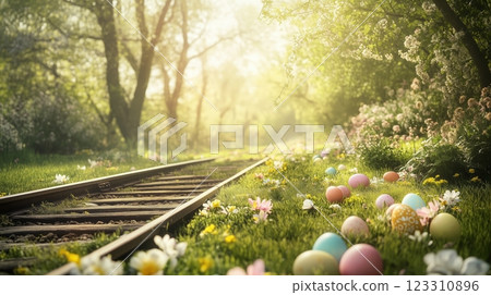 Colorful eggs nestled in the grass near the train tracks. Easter celebration. 123310896