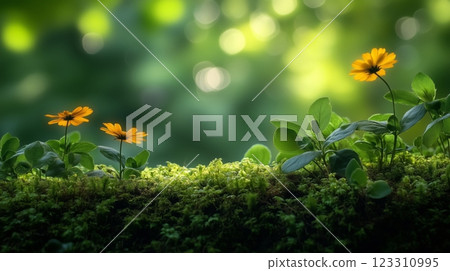 Beautiful closeup of flowers, moss and tree leaves on top of a hill. 123310995