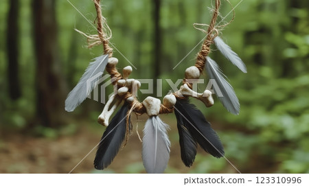 The necklace with weathered bones and dull gray feathers against a forest background. 123310996