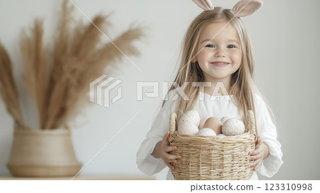A cute 5-year-old girl holds the basket filled with Easter eggs. 123310998