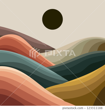 A stylized digital landscape featuring rolling hills and a sunset in earthy tones. Perfect for nature-inspired designs, prints, and wallpapers. A stylized digital landscape featuring rolling hills and a sunset in earthy tones. Perfect for nature-inspired designs, prints, and wallpapers. 123311188