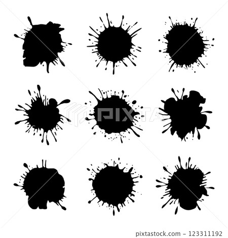 A collection of black ink splashes arranged in a grid-like structure with rough textures. A collection of black ink splashes arranged in a grid-like structure with rough textures. 123311192