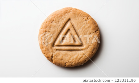 Circular cookie with the triangle simple icon on it, isolated on solid white background. Circular cookie with the triangle simple icon on it, isolated on solid white background. 123311196