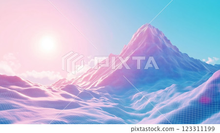 A pink tint, mountain look digitized with grid lines on a sunny day with blue skies. 123311199