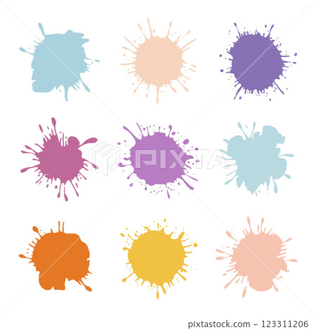 A digital collection of abstract ink blots in vibrant tones. Useful for digital art, print, and branding purposes. 123311206