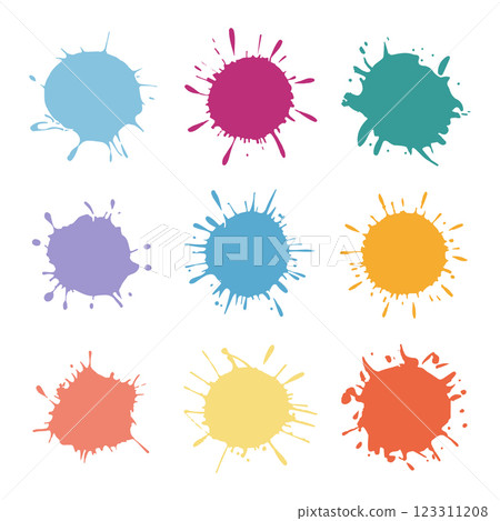 A collection of colorful watercolor ink splashes arranged in a structured grid format. 123311208