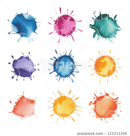 A collection of watercolor stains with a natural ink splatter effect in bright and pastel tones. 123311209