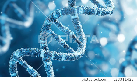 Intricate structure of DNA strands illuminated by soft blue light, showcasing the beauty of genetic makeup in a biomedical context 123311423