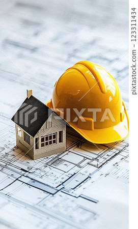 Model house and hard hat placed on blueprints in a construction workspace 123311434