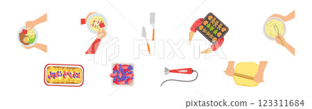 Cooking and Food Preparation with Kitchenware Above View Vector Set 123311684