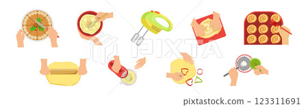 Cooking and Food Preparation with Kitchenware Above View Vector Set Cooking and Food Preparation with Kitchenware Above View Vector Set 123311691