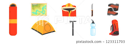 Outing and Trekking Equipment and Gear Vector Set 123311703
