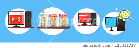 Bitcoin Trade and Blockchain Crowdfunding with Computer Vector Set 123311727