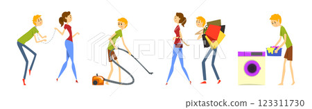 Man Henpecked Husband with Wife Leader Vector Set Man Henpecked Husband with Wife Leader Vector Set 123311730