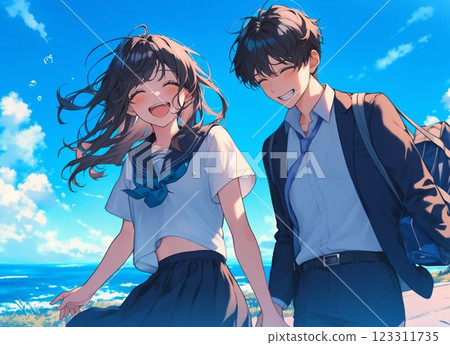 A high school couple walking along the coastline_1 A high school couple walking along the coastline_1 123311735