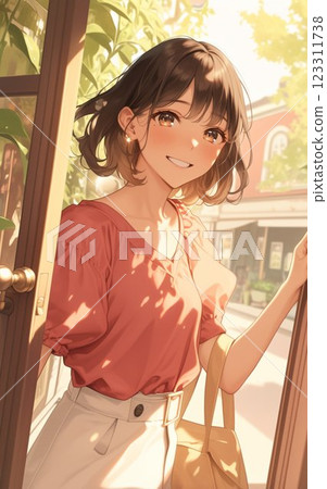 A young woman opens the door to a cafe where they are meeting and enters the store_1 123311738