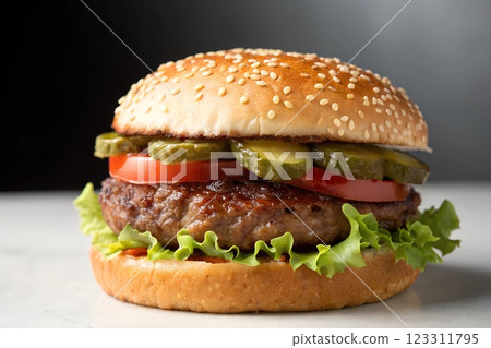 Juicy burger, fast food, delicious meal, fresh ingredients, sesame bun, cheese, lettuce, tomato, perfect for menus and ads Juicy burger, fast food, delicious meal, fresh ingredients, sesame bun, cheese, lettuce, tomato, perfect for menus and ads 123311795