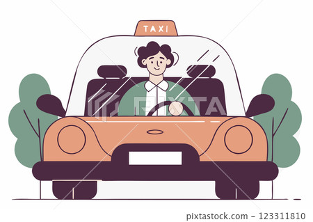 Cute stylized taxi driver in car, vector illustration, urban transportation, cartoon character, cheerful driver, modern taxi, city life, flat design 123311810
