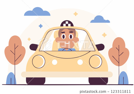 Cute stylized taxi driver in car, vector illustration, urban transportation, cartoon character, cheerful driver, modern taxi, city life, flat design 123311811
