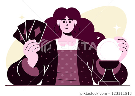 Cute stylized fortune teller with tarot cards, vector illustration, mystical theme, cartoon character, magic prediction, tarot reading, playful design 123311813