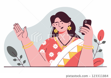 Indian woman with smartphone, vector illustration, modern lifestyle, technology use, digital life, tech-savvy woman Indian woman with smartphone, vector illustration, modern lifestyle, technology use, digital life, tech-savvy woman 123311864