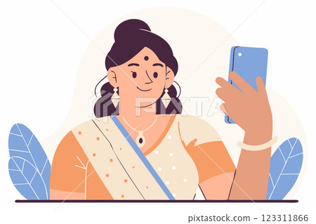 Indian woman with smartphone, vector illustration, modern lifestyle, technology use, digital life, tech-savvy woman Indian woman with smartphone, vector illustration, modern lifestyle, technology use, digital life, tech-savvy woman 123311866