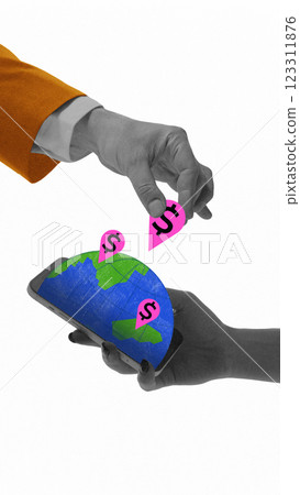 Conceptual art design. Hand placing financial location markers on digital globe in smartphone, representing online economy. 123311876