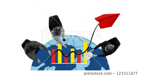 Contemporary art collage. Business meeting on financial globe with rising charts and red paper plane, symbolizing teamwork, strategic planning. 123311877