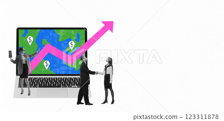 Modern artwork. Business professionals negotiating in front of digital world map with financial indicators, representing online trade. 123311878