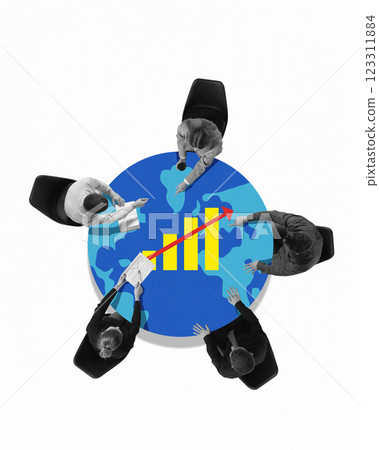 Modern design. Business meeting on economic-themed globe, discussing rising financial graphs, representing global cooperation. Modern design. Business meeting on economic-themed globe, discussing rising financial graphs, representing global cooperation. 123311884
