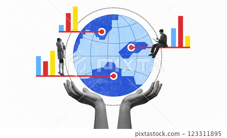 Conceptual art collage. Business professionals connected through data points and global charts, symbolizing worldwide network. 123311895